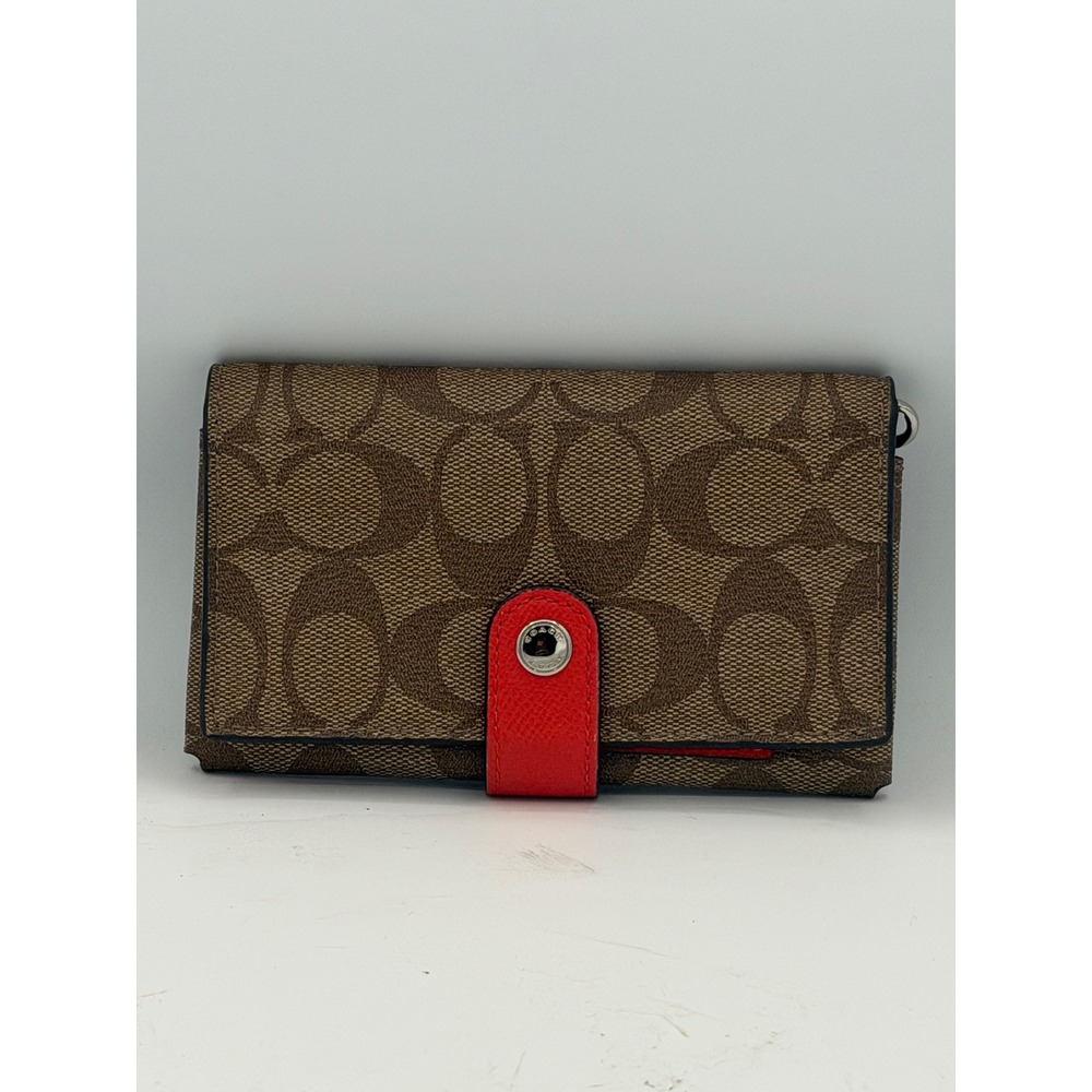 Coach Phone Wallet In Signature Canvas Khaki Brown Bright Orange)